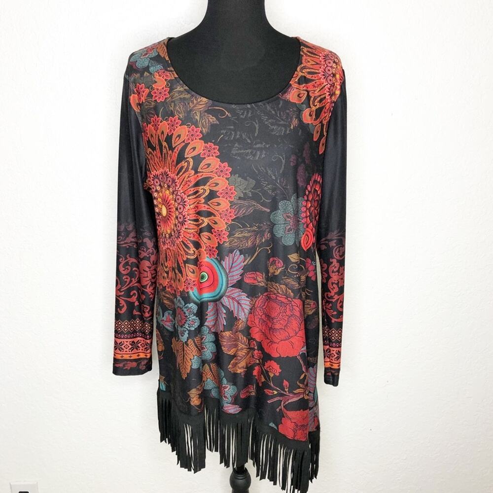Tricotto black red floral fringe trim tunic top size Extra Large XL